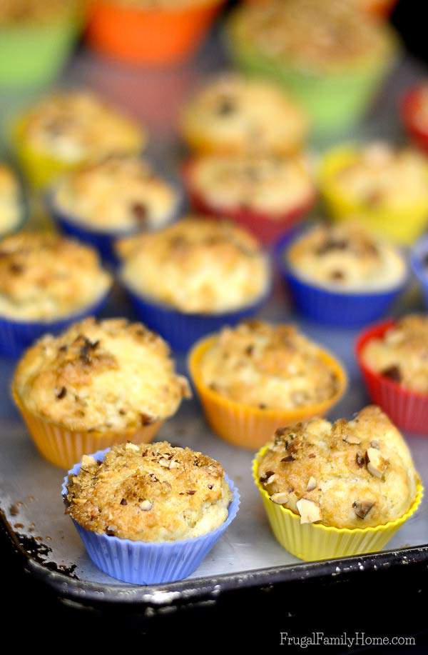 I know in the fall, when there’s newly picked apples to be had, I love to make apple recipes. There is just something about fall and apples. This mini apple muffin recipe is really delicious. I added a nut crumble topping to them to add a little crunch and extra flavor. This recipe can be made dairy and egg free too.