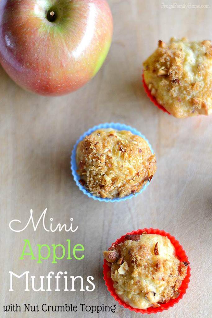 I know in the fall, when there’s newly picked apples to be had, I love to make apple recipes. There is just something about fall and apples. This mini apple muffin recipe is really delicious. I added a nut crumble topping to them to add a little crunch and extra flavor. This recipe can be made dairy and egg free too.