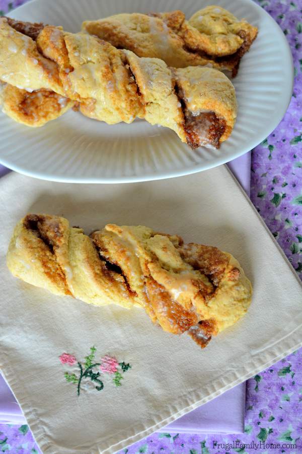 I love how easy these cinnamon twist scones are to make. They are as easy to mix up as biscuits, but turn out looking so fancy. Great for breakfast or brunch when company is coming over. They are also a frugal breakfast recipe costing only $.10 each. My family gobbles these up every time I made them. 