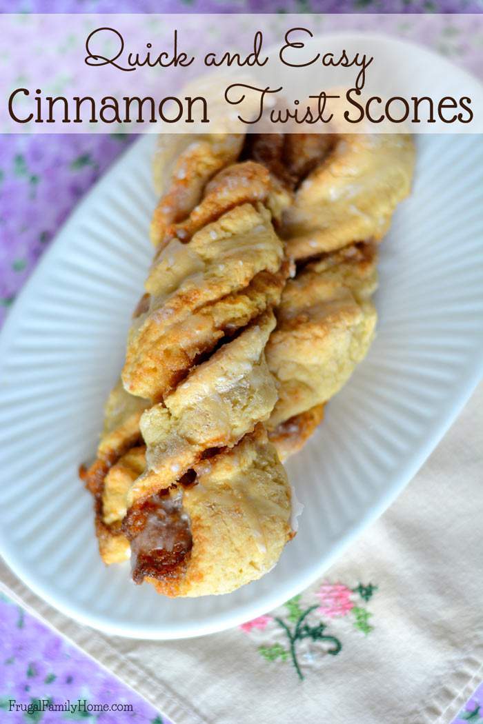 I love how easy these cinnamon twist scones are to make. They are as easy to mix up as biscuits, but turn out looking so fancy. Great for breakfast or brunch when company is coming over. They are also a frugal breakfast recipe costing only $.10 each. My family gobbles these up every time I made them.