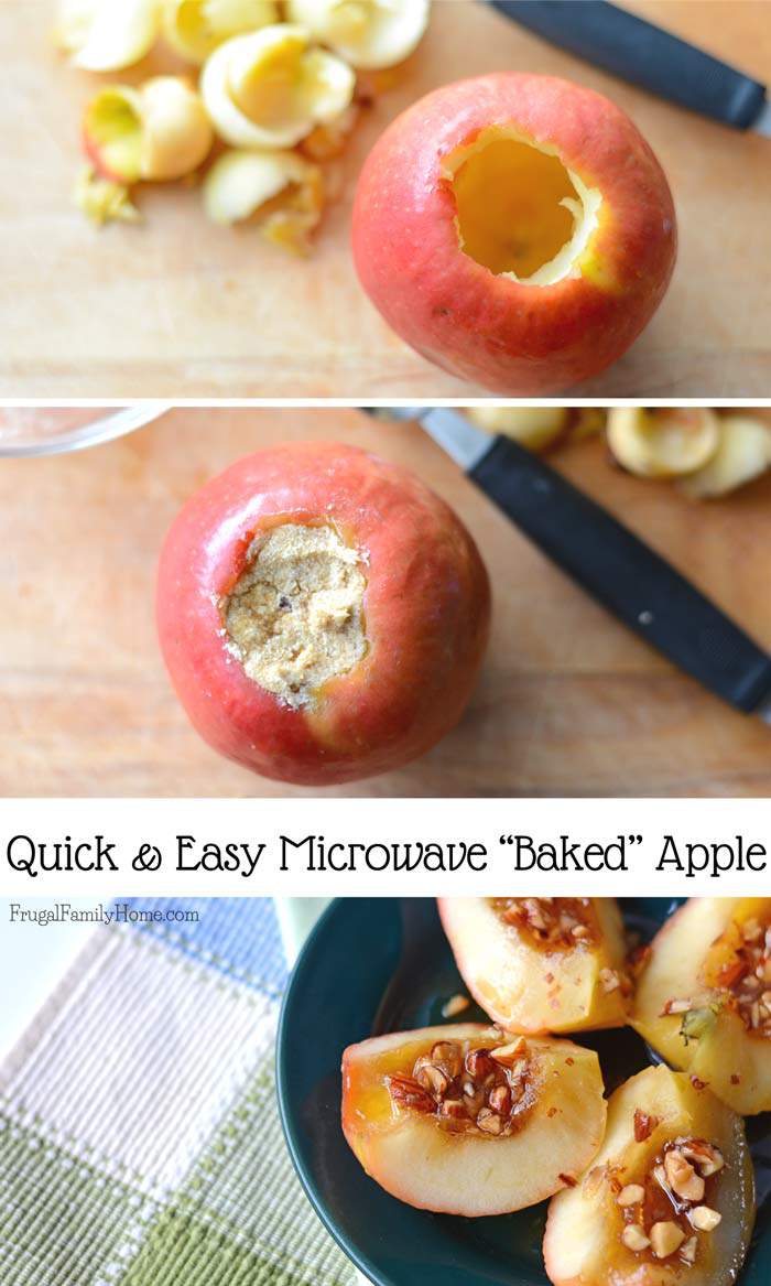 This is a quick and somewhat healthy dessert that our family loves. You only need 4 ingredients and a few minutes to make this baked apple recipe. It’s makes a great fall dessert your family will love.