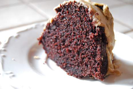 Moist Chocolate Bundt Cake with Caramel Frosting