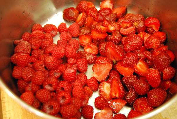 Raspberries and Strawberries in Pot
