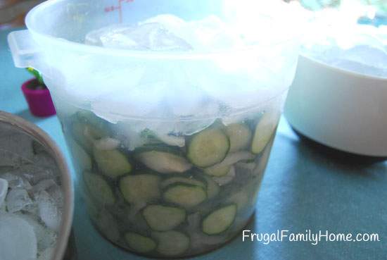 Sliced cucumber in ice bath