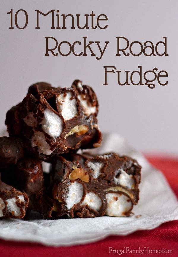 I’ve been making this recipe for Rocky Road fudge for years and it always turns out great. It only takes 6 ingredients and about 10 minutes to make from start to finish. It’s also so easy to a make in the microwave that the kids can help with making this fudge. I always include it on my Christmas cookie and candy plate each year. Great to take to holiday parties too. 