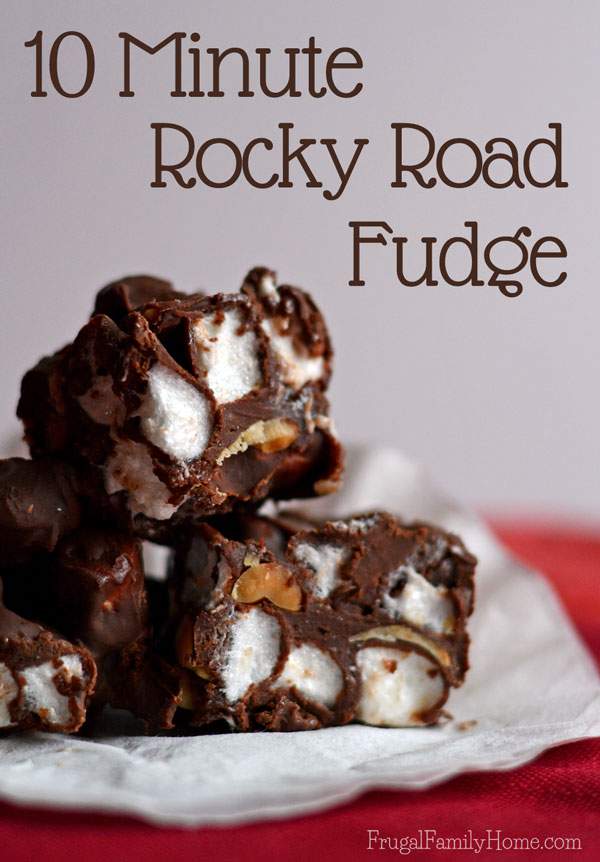 I’ve been making this recipe for Rocky Road fudge for years and it always turns out great. It only takes 6 ingredients and about 10 minutes to make from start to finish. It’s also so easy to a make in the microwave that the kids can help with making this fudge. I always include it on my Christmas cookie and candy plate each year. Great to take to holiday parties too.