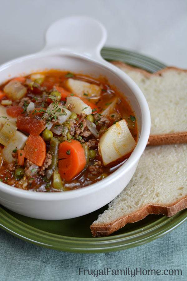 An easy and hearty hamburger soup that's easy to make and frugal too.