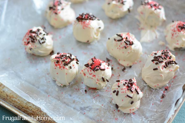 The peppermint brownie truffles on a sheet hardening up.