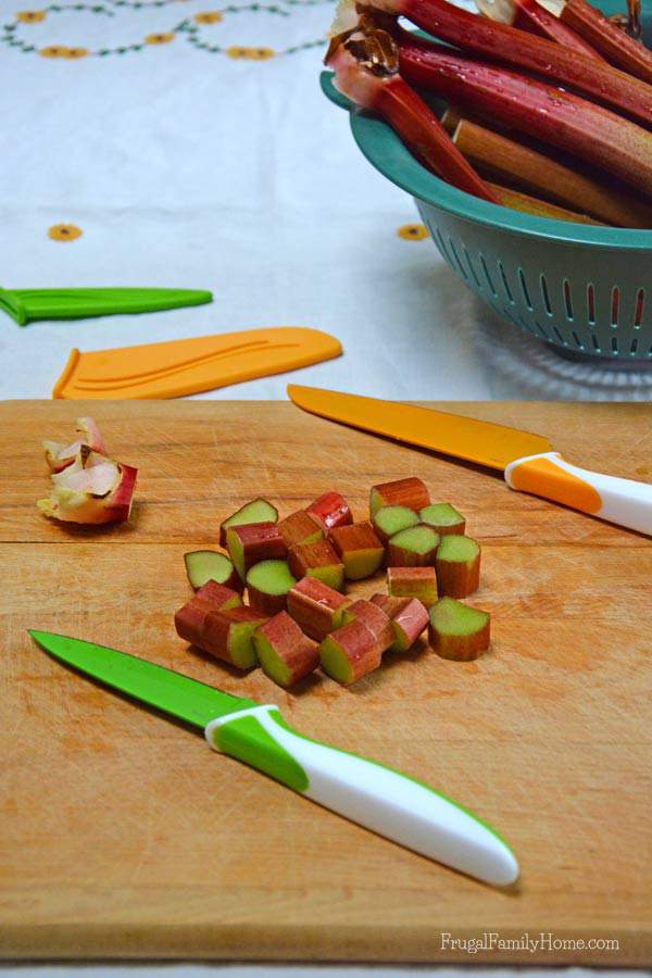Rhubarb can be stringy to cut. Be sure to use a sharp knife to cut the rhubarb for this cake recipe. Frugal Family Home