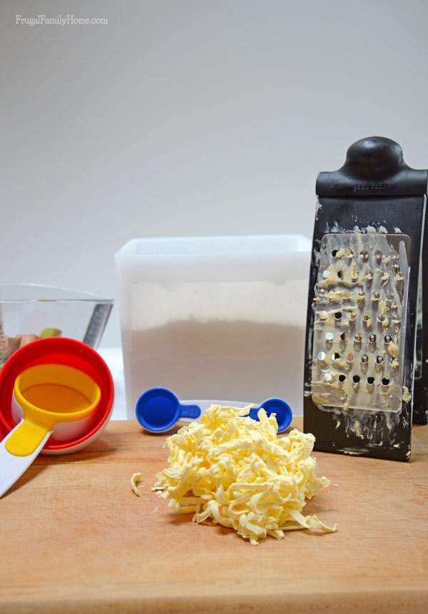 Grating the butter makes it easier to work into the crumb topping for the Rhubarb Upside Down Cake. Frugal Family Home