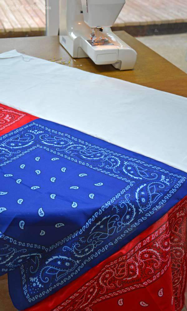 Easy to make bandanna tablecloth with a white runner.