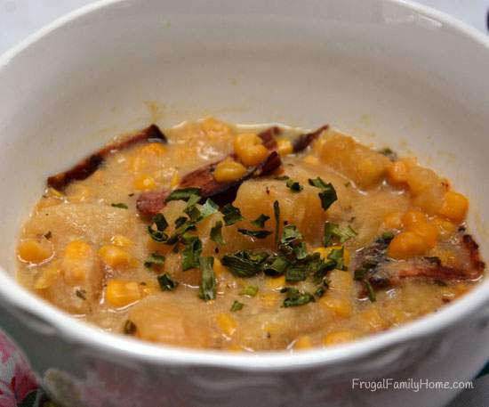 Corn, Bacon and Potatoes in a yummy chowder | Frugal Family Home