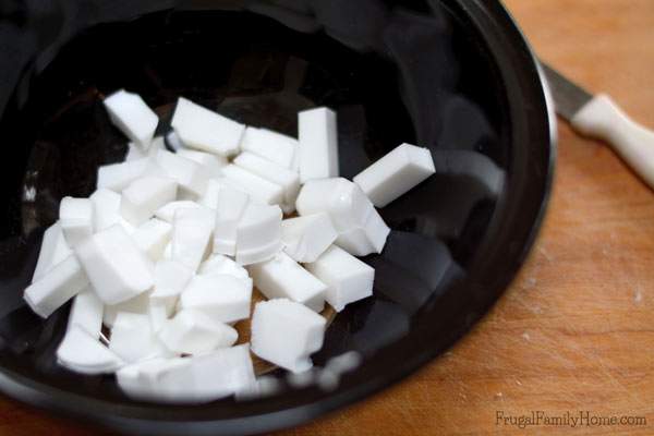 Make sure to cut the soap base into small cubes for easier melting when making this handmade soap.