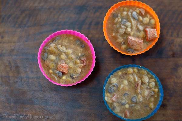 Save money by stopping food waste. The next time you have leftover soup try making them into single serving soup cups. It only takes a few minutes and can save on wasted food. 