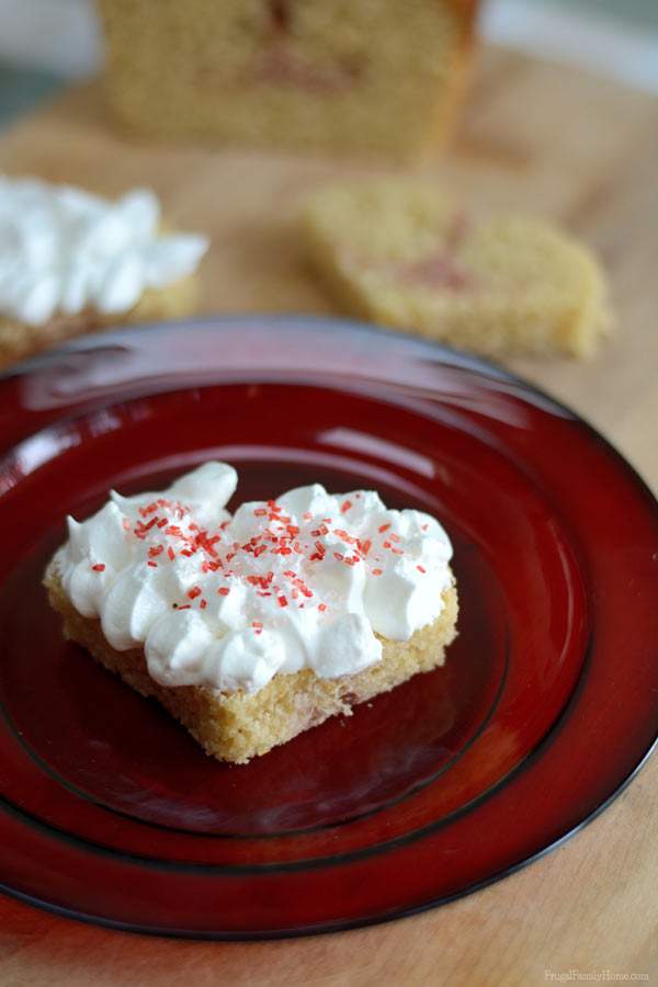 I turned the vanilla raspberry bread into a cute heart cake for Valentine's Day. 