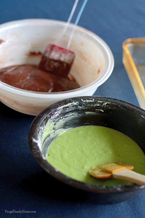 Mix the batter in separate bowls for this fudge mint brownies recipe.