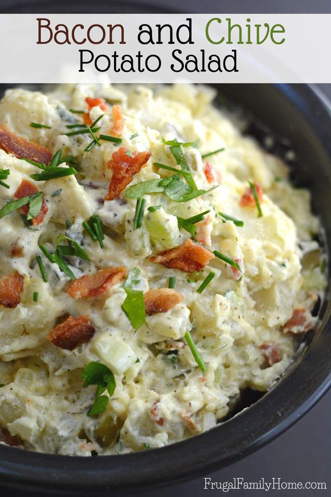 This is the best potato salad recipe ever. It has the creaminess of original potato salad but with an added crunch of bacon. Yum, who can resist bacon? Then add the fresh taste of the parsley and chives to make the perfect potato salad recipe. I love to make this recipe for barbecues and parties, everyone raves about it. 