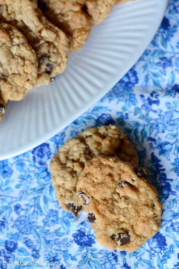 We love cookies but we also need to eat dairy free. After much trial and error, I finally came up with the perfect chocolate chip oatmeal cookie recipe that is dairy free too. Best of all one batch makes 100+ cookies and the dough is freezer friendly too. What more could you ask for in a cookie?!