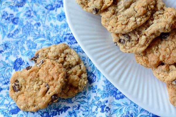 We love cookies but we also need to eat dairy free. After much trial and error, I finally came up with the perfect chocolate chip oatmeal cookie recipe that is dairy free too. Best of all one batch makes 100+ cookies and the dough is freezer friendly too. What more could you ask for in a cookie?!