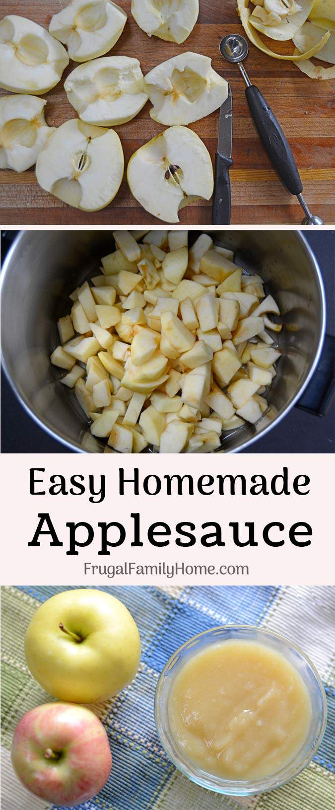 Two Ingredient Easy Homemade Applesauce Recipe- This homemade applesauce recipe is so easy to make with only two ingredients it’s healthy too. It’s prepared on the stovetop with no sugar added. We love this super simple applesauce recipe.