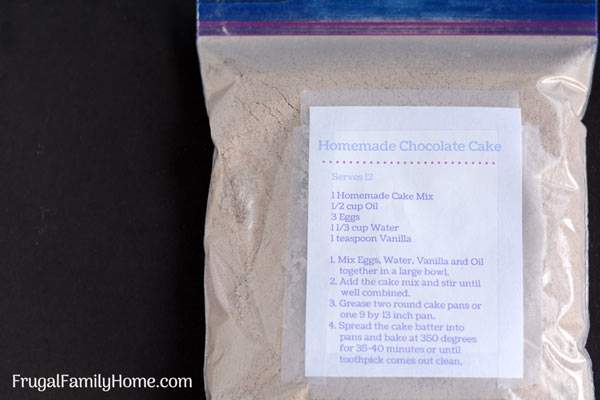 Easy Homemade Cake Mix with Dairy Free and Gluten Free Options   Need a cake mix but don’t like all the added ingredients in them? Try this simple recipe for homemade chocolate cake mix. In a few minutes, you can make a few cake mixes for less money than the store bought versions. Grab the free printable labels to add to your cake mixes.