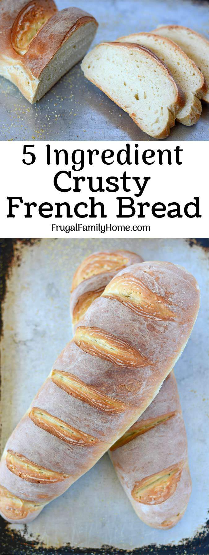 The Best Homemade French Bread Recipe ~ Only 5 ingredients needed to make your own crusty and delicious french bread at home. This is a tried and true easy recipe we use all the time that only cost $.17 a loaf. It always turns out delicious and pretty too.