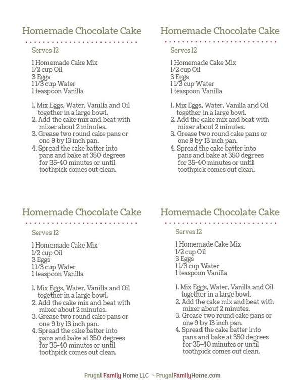 Easy Homemade Cake Mix with Dairy Free and Gluten Free Options   Need a cake mix but don’t like all the added ingredients in them? Try this simple recipe for homemade chocolate cake mix. In a few minutes, you can make a few cake mixes for less money than the store bought versions. Grab the free printable labels to add to your cake mixes.