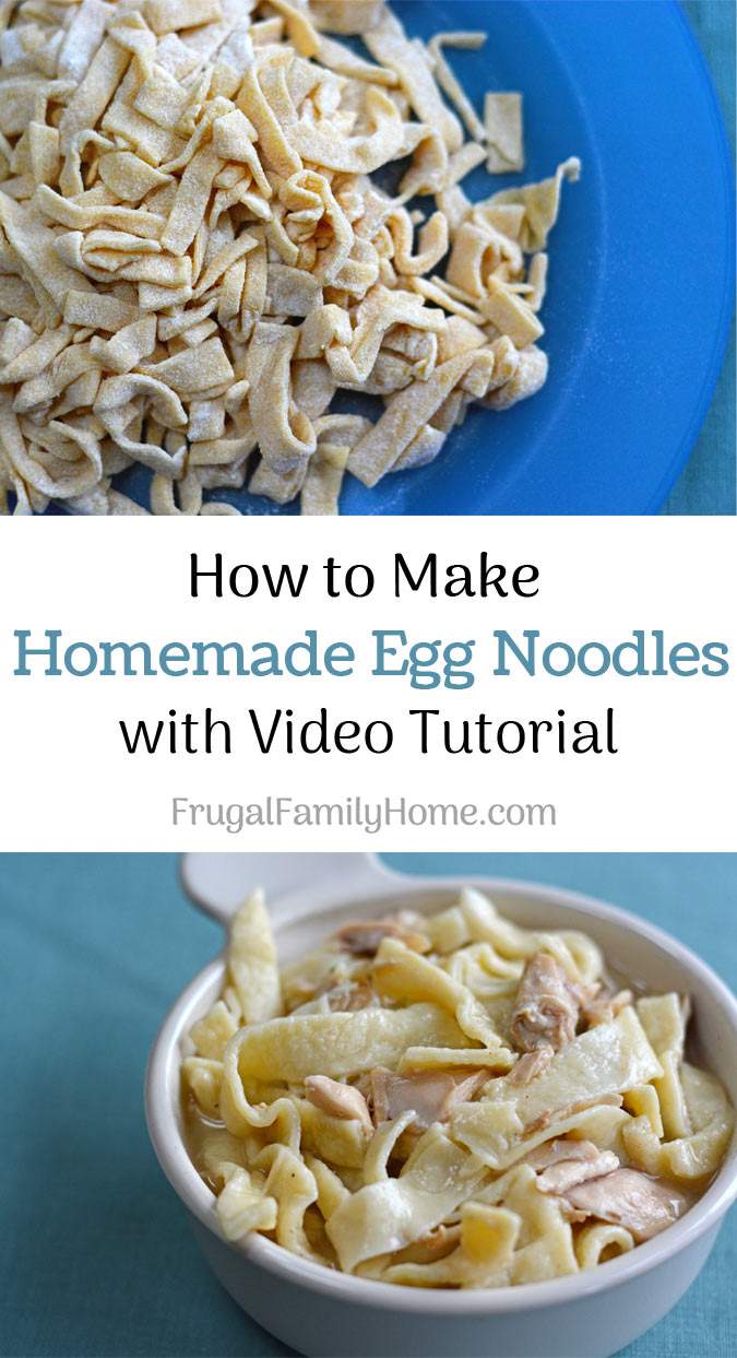 Homemade Egg Noodles recipe, this is an easy homemade recipe for egg noodles that doesn’t require a pasta machine to make. Cook them in chicken broth and leftover chicken and you have a frugal easy meal.