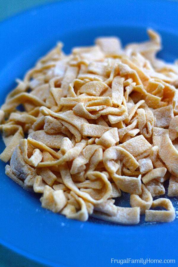 Homemade Egg Noodles recipe, this is an easy homemade recipe for egg noodles that doesn’t require a pasta machine to make. Cook them in chicken broth and leftover chicken and you have a frugal easy meal.