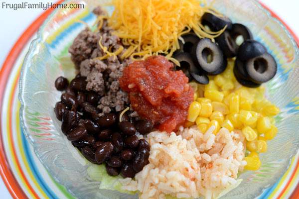 A quick and easy dinner, taco bowls. These are made with ground beef and are quick to make. Just a few simple ingredients are all that is needed. They are a favorite at our house.