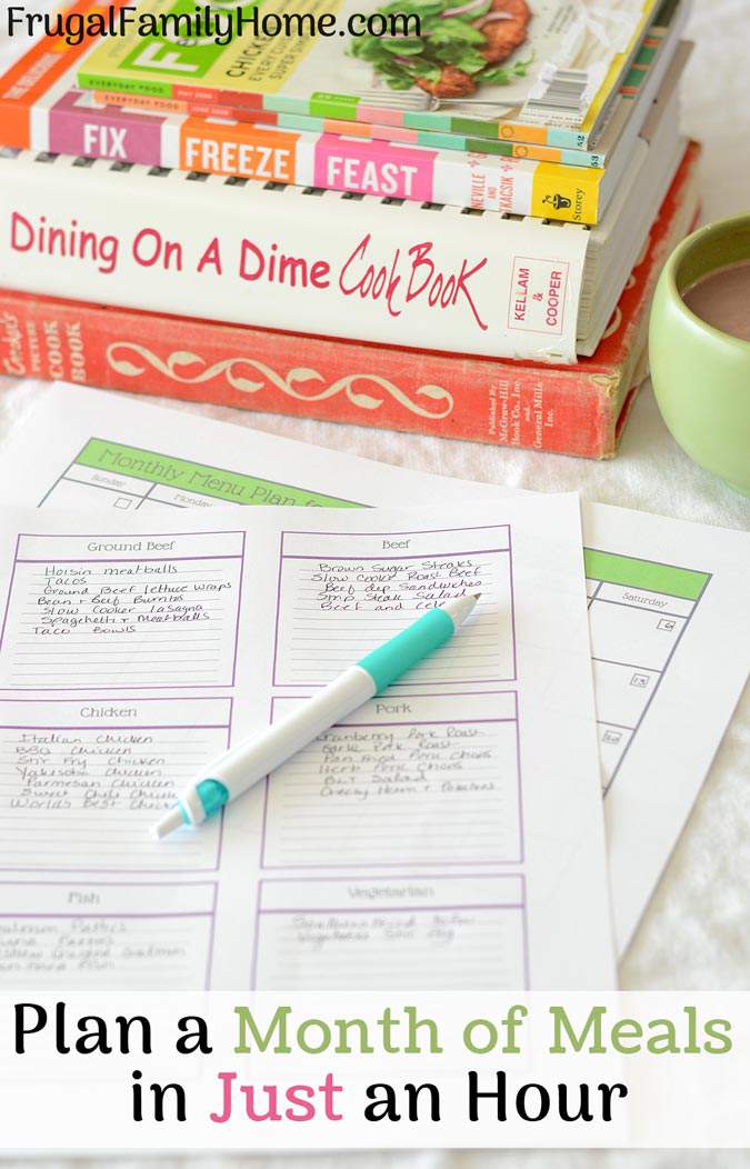 How to meal plan for a whole month in just an hour. Meal planning can really help you stay on a budget and feed your family well for less. This 6 step plan can help you get a month’s worth of meals planned in just about an hour.