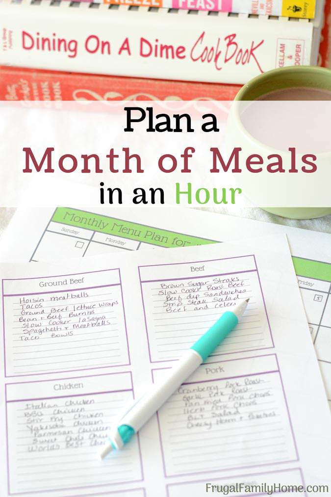 How to meal plan for a whole month in just an hour. Meal planning can really help you stay on a budget and feed your family well for less. This 6 step plan can help you get a month’s worth of meals planned in just about an hour.
