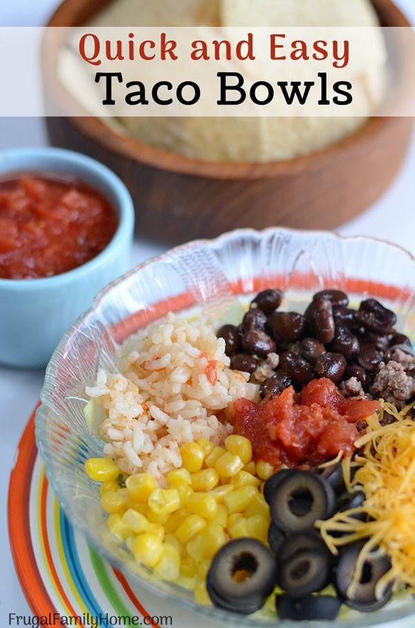 A quick and easy dinner, taco bowls. These are made with ground beef and are quick to make. Just a few simple ingredients are all that is needed. They are a favorite at our house.