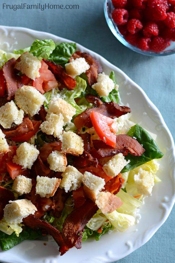 Make this easy BLT salad recipe for your family on a hot summers day. It’s quick to make delicious to eat. Even our meat loving family members gobble it up. You can make it healthy too by using turkey bacon instead of regular bacon.