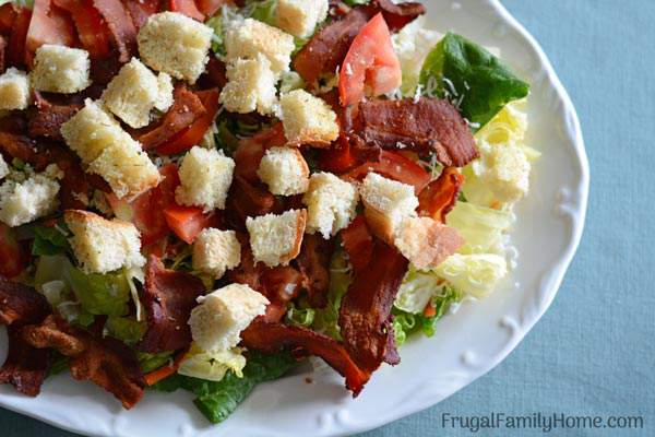 Make this easy BLT salad recipe for your family on a hot summers day. It’s quick to make delicious to eat. Even our meat loving family members gobble it up. You can make it healthy too by using turkey bacon instead of regular bacon. 