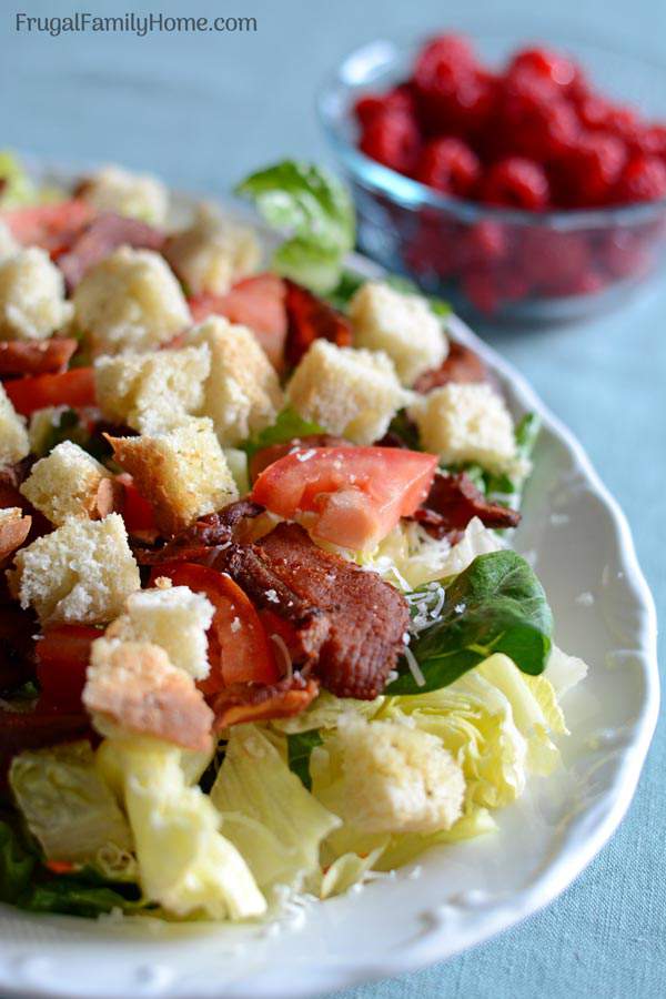 Make this easy BLT salad recipe for your family on a hot summers day. It’s quick to make delicious to eat. Even our meat loving family members gobble it up. You can make it healthy too by using turkey bacon instead of regular bacon. 