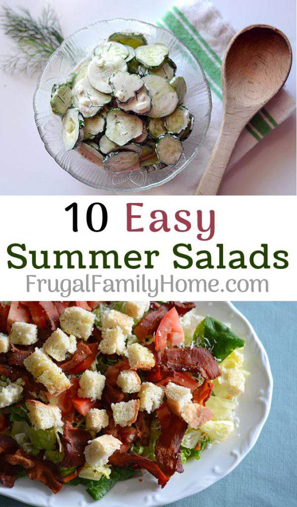 10 easy salad great for those hot summer days when you don’t feel like cooking and heating the house up. All of the recipes are tried and true recipes that our family enjoys. Plus a couple of salad dressing recipes too.