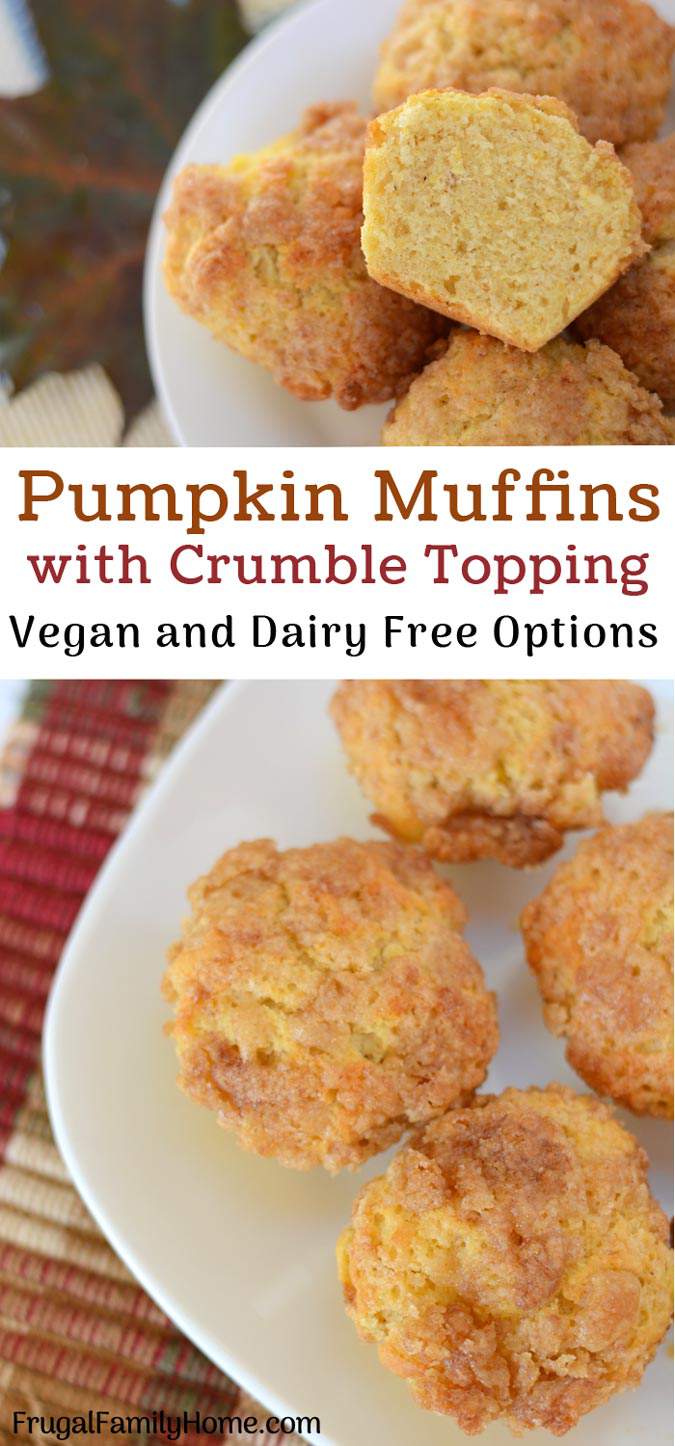 Easy to make pumpkin muffins with crumble topping. These pumpkin muffins are the best, most moist from scratch muffins you can make. They are perfect for fall. The recipe has vegan options too.