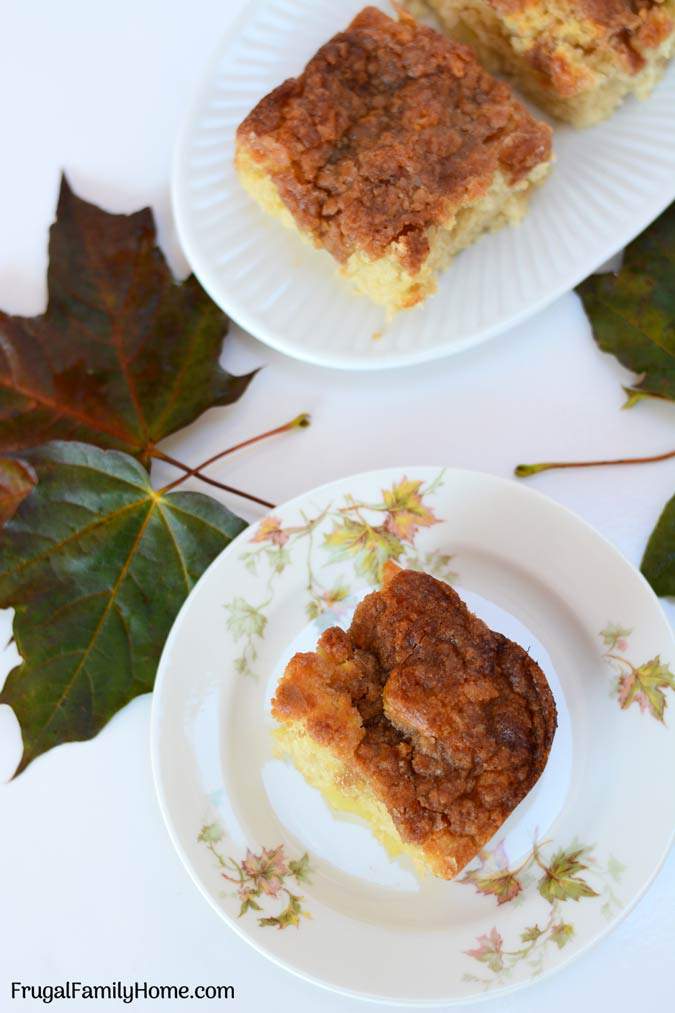 An easy breakfast recipe for Apple Cinnamon Coffee Cake. Enjoy those fall apples in this quick coffee cake topped with a crumble topping made with brown sugar. At only $.13 a serving, it’s a frugal breakfast too.