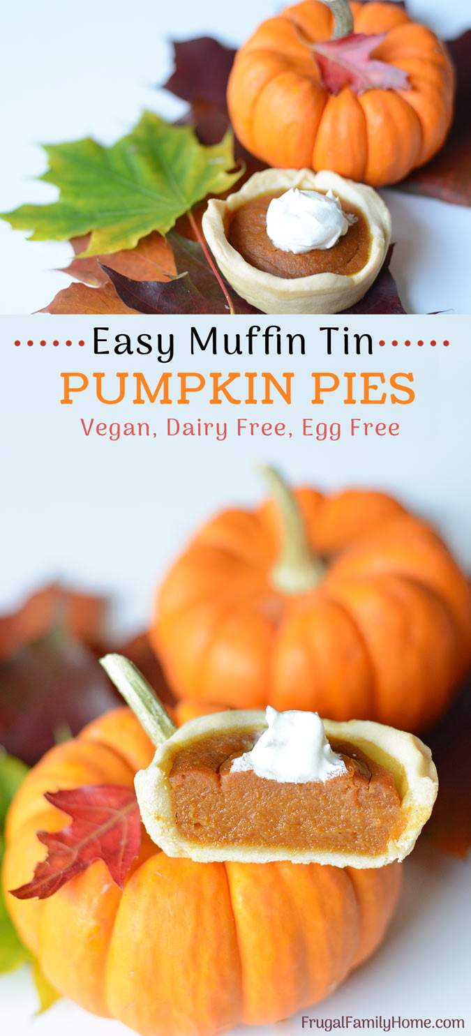 Make these mini pumpkin pies from scratch for Thanksgiving. This is an easy recipe that is vegan, dairy free, and egg free too. They are easy to make since they are baked in a muffin tin and the filling is quickly mixed up in a food processor too. Everyone will love these individually sized pumpkin pies.