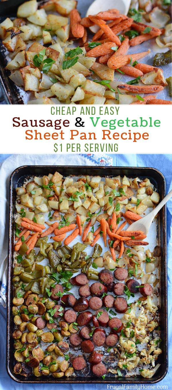 A super easy sausage and vegetable sheet pan dinner. Make your own combination of onions, Brussels sprouts, and potatoes roasted in the oven for a quick dinner. That’s easy to clean up too since it’s made in one pan.