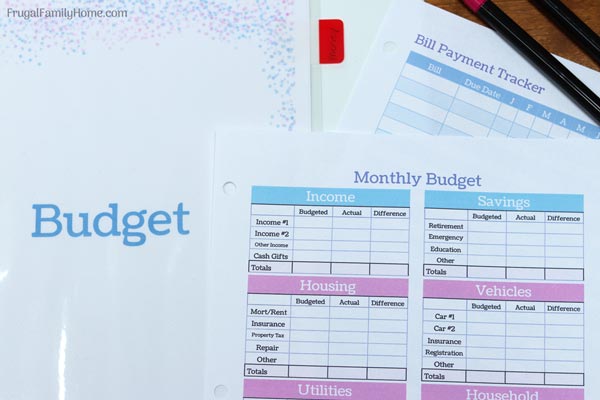 Budgeting sheets for a homemaking binder