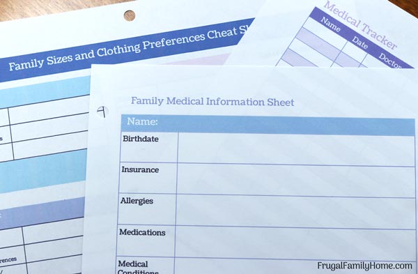 Family tracking sheets for a homemaking planner