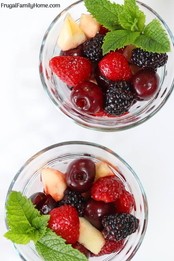 Overhead photo of two bowls of berry fruit salad