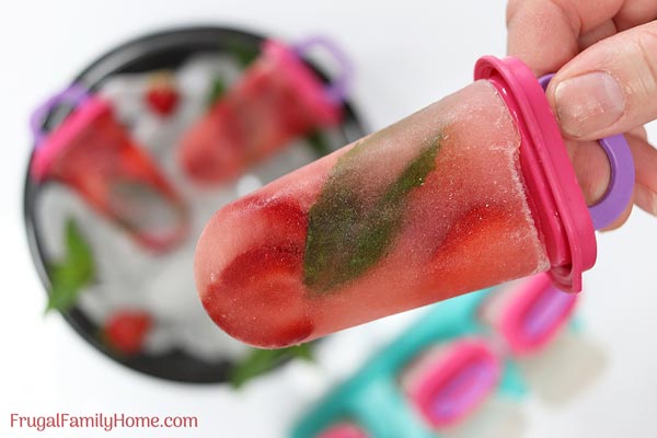 A strawberry mint popsicle upclose.