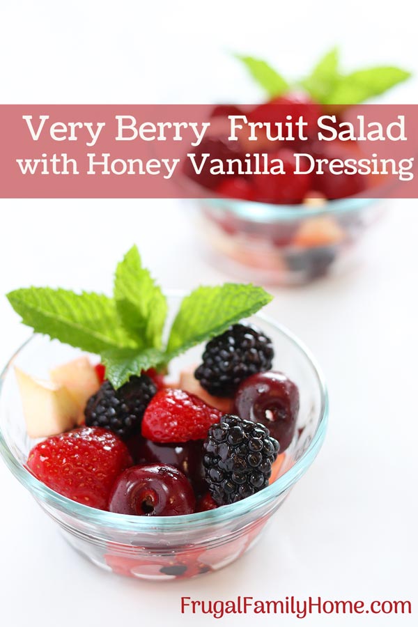 Very berry fruit salad with honey vanilla dressing in a serving bowl.