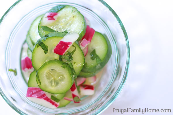 Cucumber and onion salad recipe in a bowl.