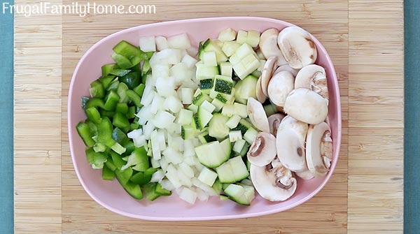 The chopped ingredients for this breakfast hash.