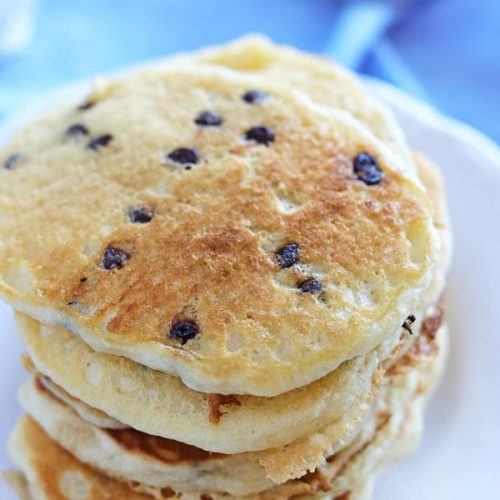 A stack of quick and easy chocolate chip pancakes.