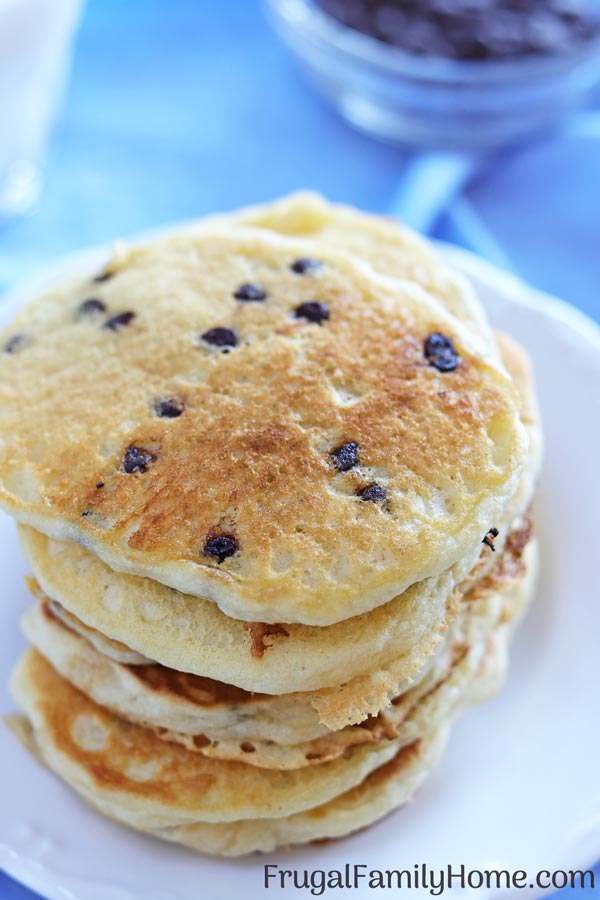 A stack of quick and easy chocolate chip pancakes.